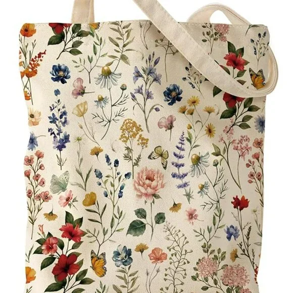 Flowering Shrub Aesthetic Canvas Tote Bag - Reusable Shoulder Tote Bag - Picture 3 of 6